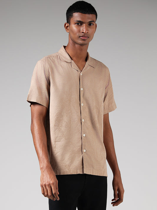 Nuon Beige Leaf Embroidered Cotton Blend Resort-Fit Shirt