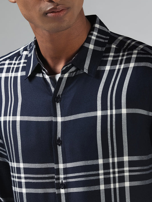 Nuon Navy Checked Slim Fit Shirt