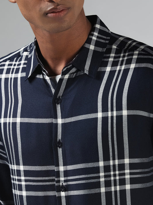 Nuon Navy Checked Slim Fit Shirt