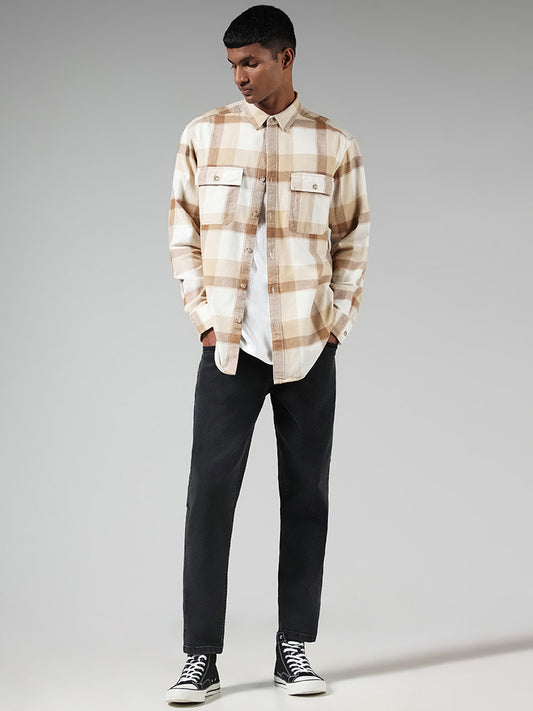 Nuon Beige Checked Cotton Relaxed-Fit Shirt