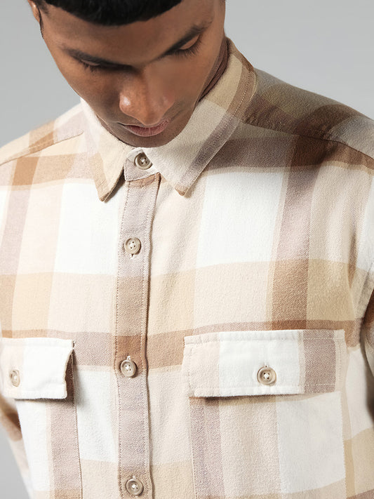 Nuon Beige Checked Cotton Relaxed Fit Shirt