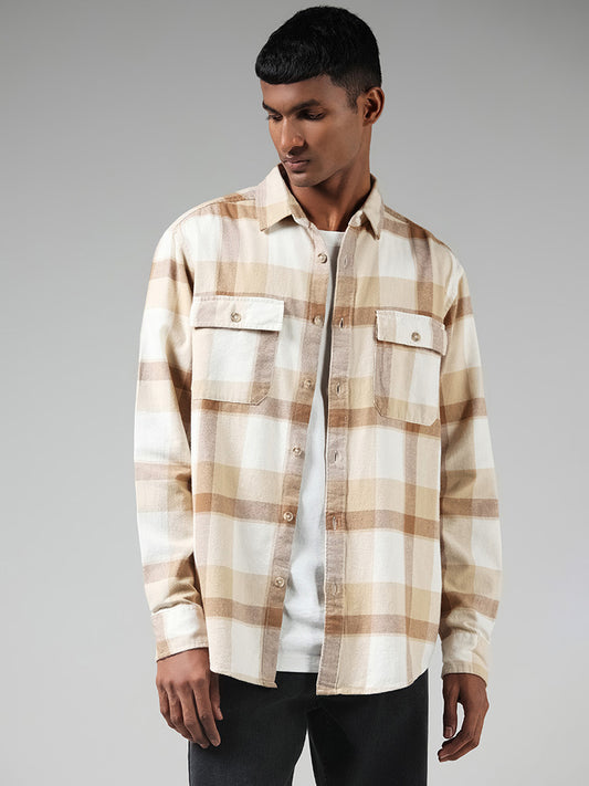 Nuon Beige Checked Cotton Relaxed Fit Shirt