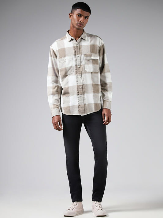 Nuon Beige Checked Cotton Relaxed Fit Shirt