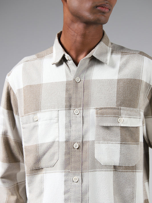 Nuon Beige Checked Cotton Relaxed Fit Shirt