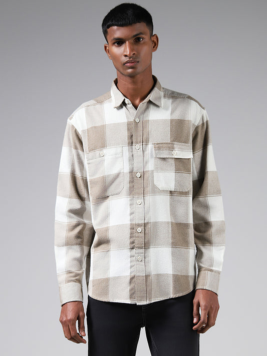 Nuon Beige Checked Cotton Relaxed Fit Shirt