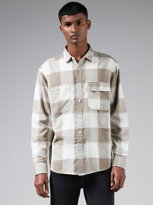 Nuon Beige Checked Relaxed Fit Shirt