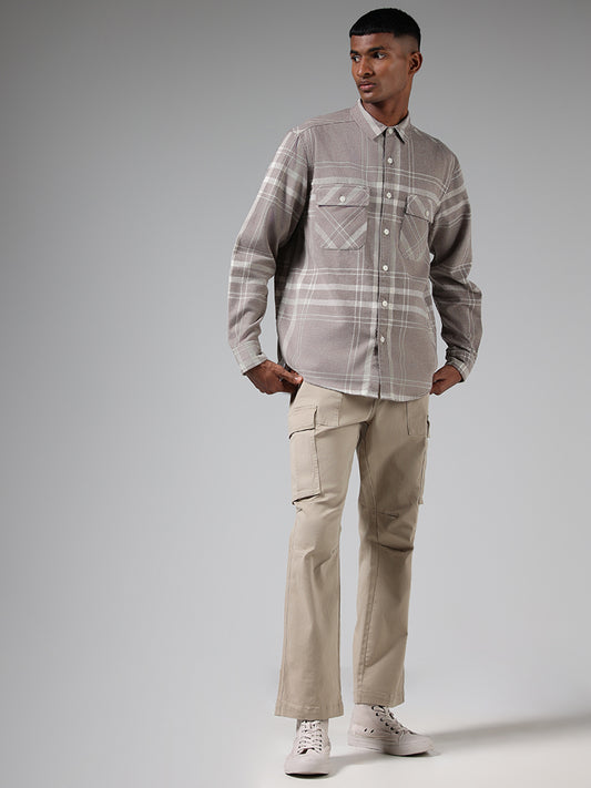 Nuon Light Brown Checked Cotton Relaxed Fit Shirt