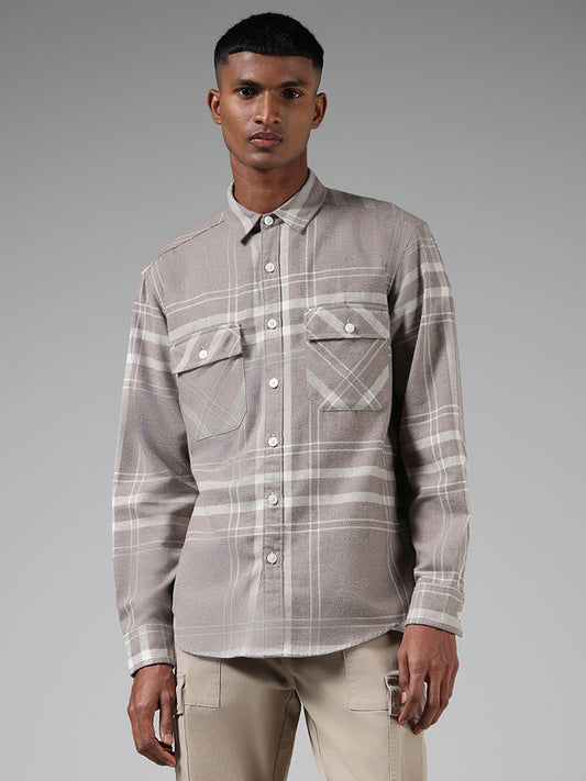 Nuon Light Brown Checked Relaxed Fit Shirt