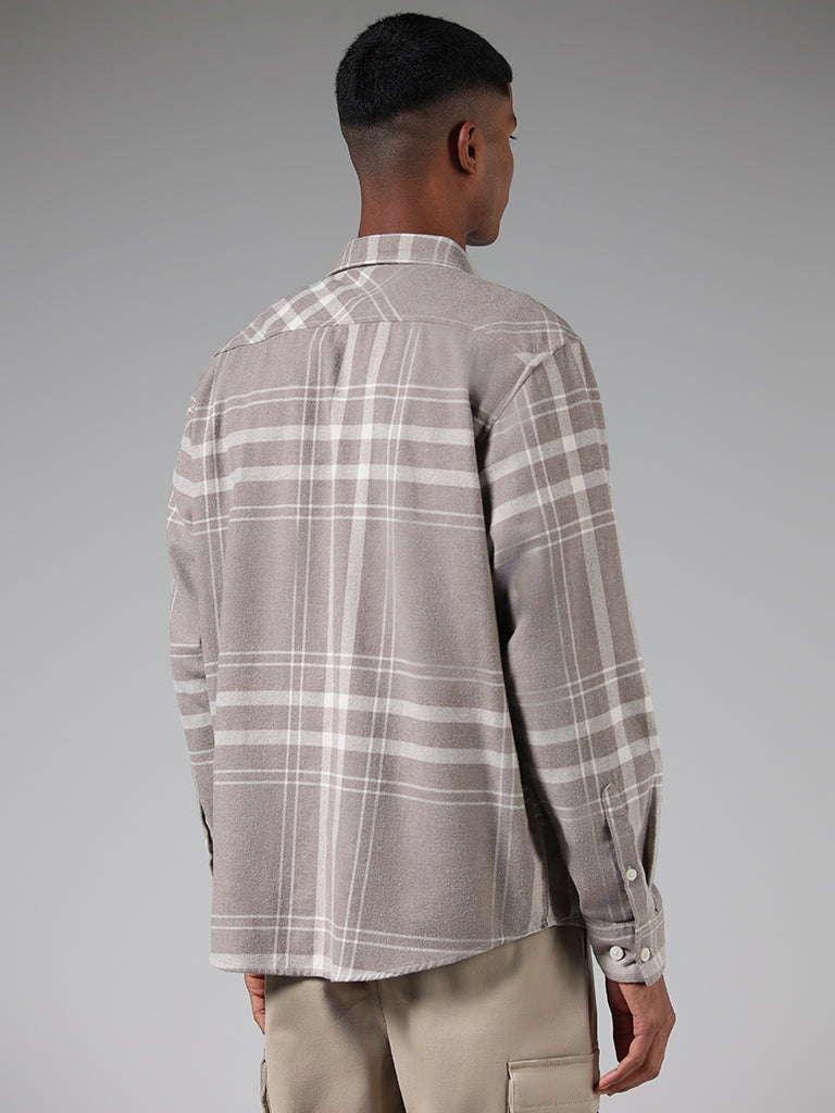 Nuon Light Brown Checked Cotton Relaxed Fit Shirt