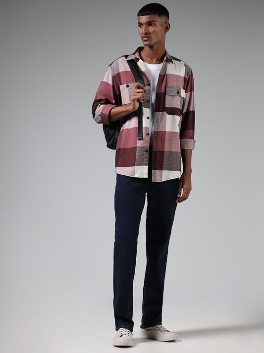 Nuon Maroon & White Checked Cotton Relaxed-Fit Shirt