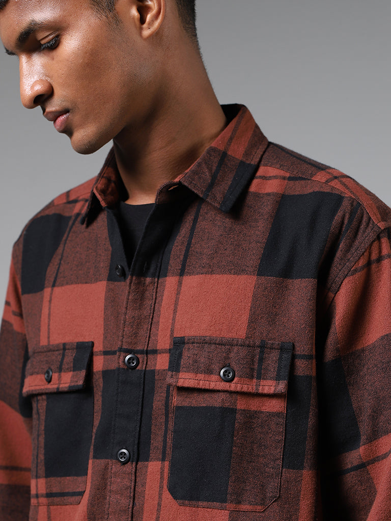 Nuon Brown Buffalo Plaid Checked Relaxed Fit Shirt