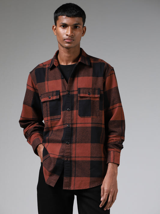 Nuon Brown Buffalo Plaid Checked Relaxed-Fit Shirt