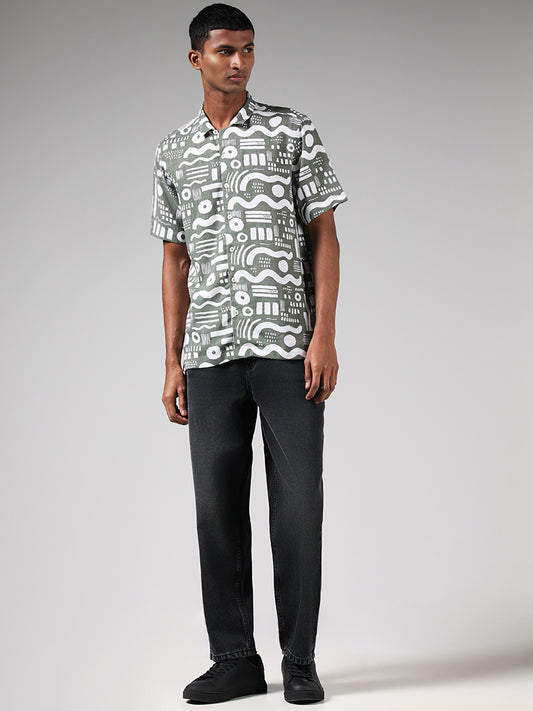 Nuon Sage Printed Resort Fit Blended Linen Shirt