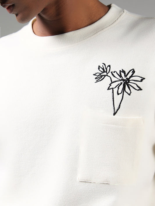 Nuon Off White Floral Embroidered Relaxed Fit T-Shirt