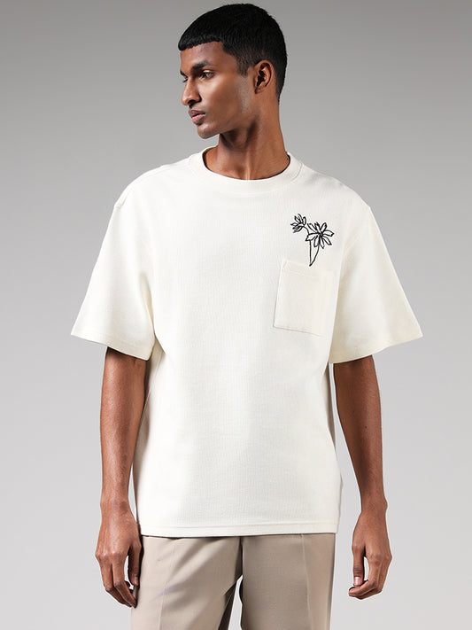 Nuon Off White Floral Embroidered Cotton Relaxed Fit T-Shirt