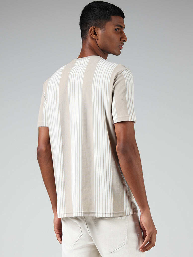 Nuon White Striped Cotton Slim Fit T-Shirt