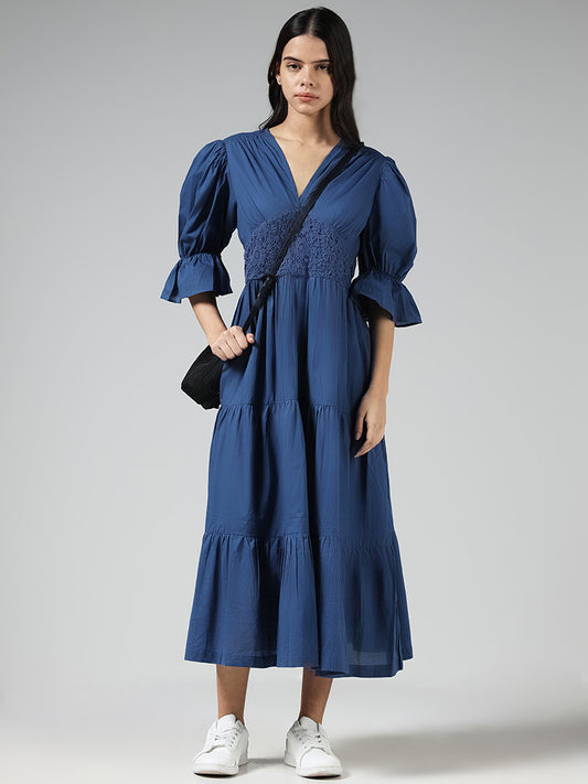 Bombay Paisley Indigo Floral Lace Tiered Dress