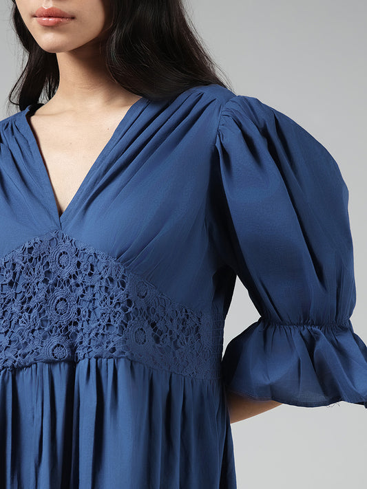 Bombay Paisley Indigo Floral Lace Tiered Dress
