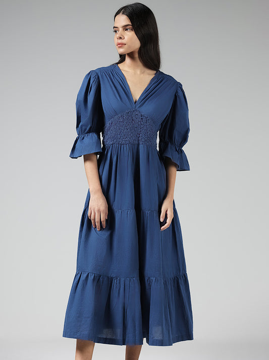 Bombay Paisley Indigo Floral Lace Tiered Dress