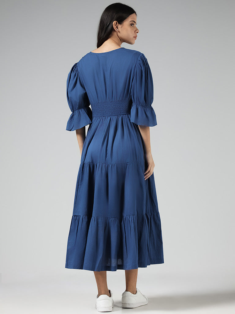 Bombay Paisley Indigo Floral Lace Cotton Tiered Dress