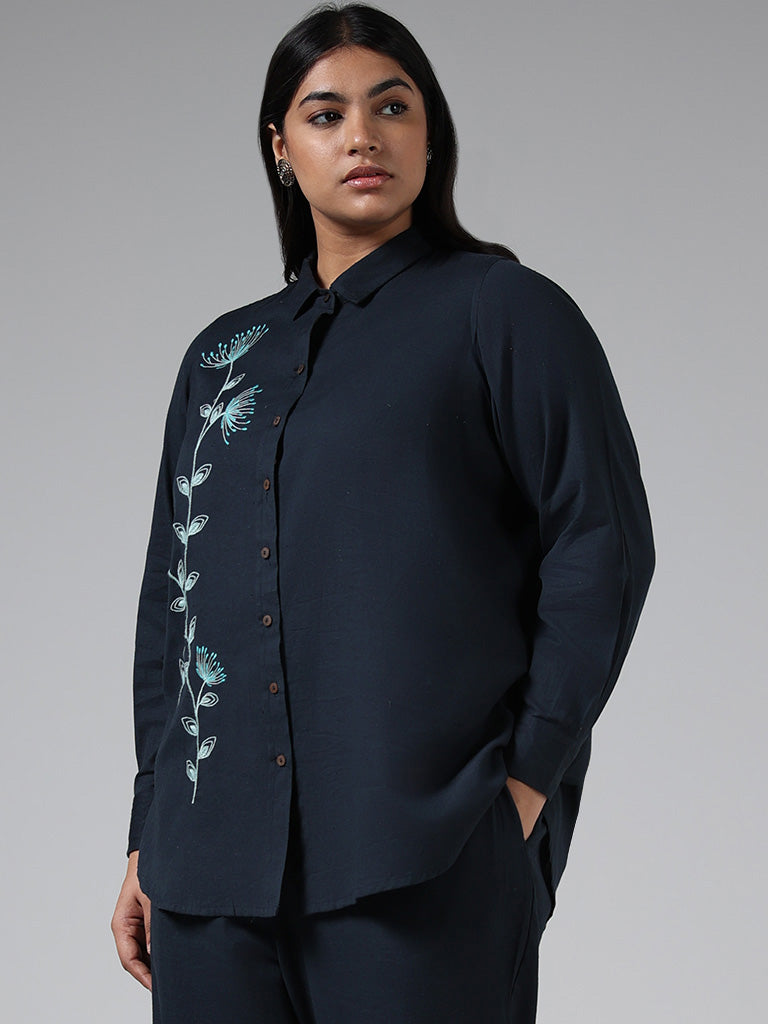 Diza Navy Floral Embroidered Cotton Shirt