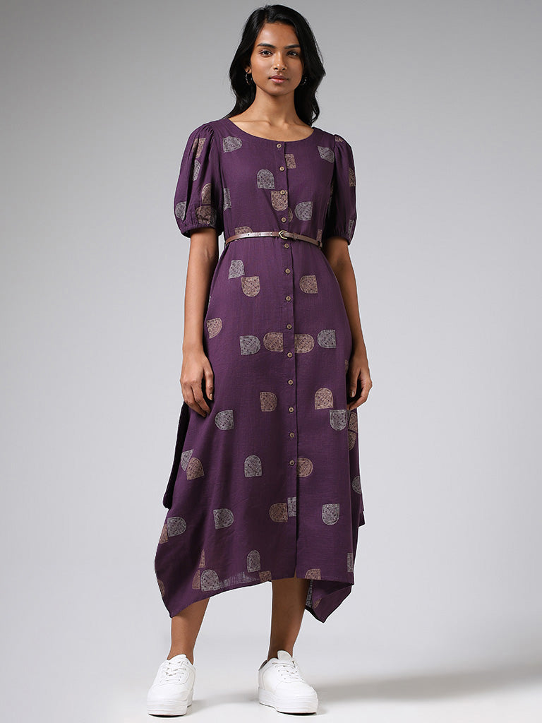 Utsa Dark Purple Printed Buttoned Down Dress with Belt