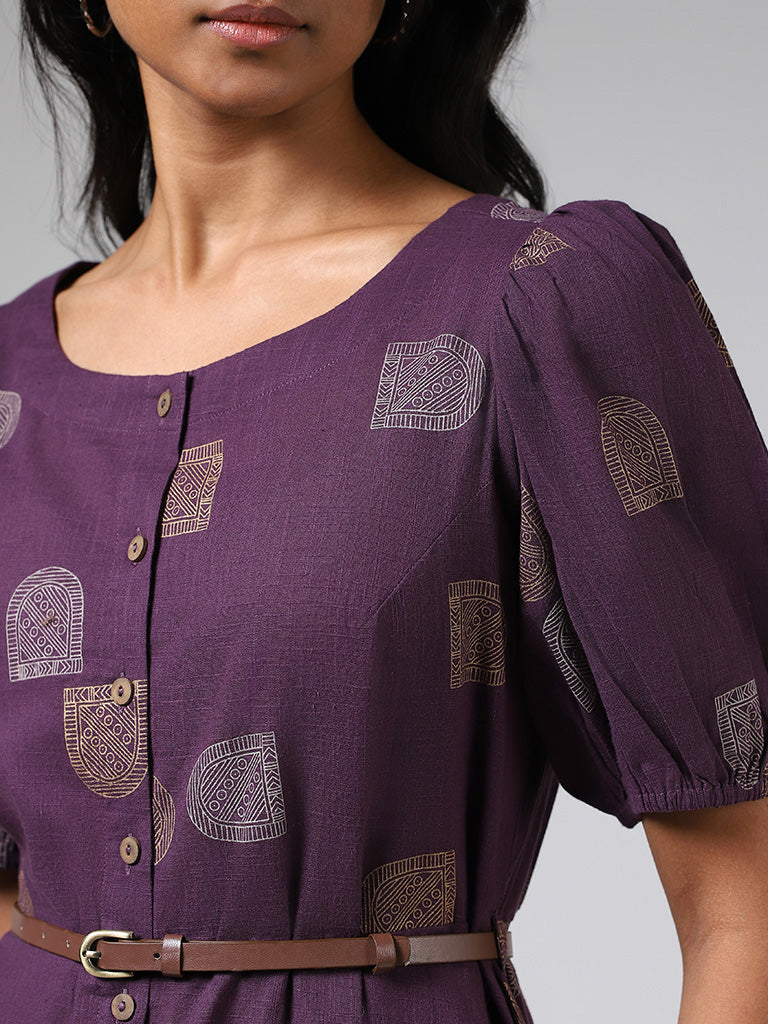 Utsa Dark Purple Printed Cotton Button-Down Dress with Belt