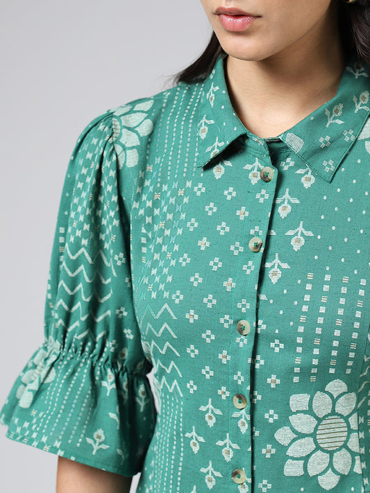 Utsa Green Geometric Patch Printed Shirt Dress