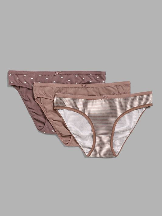 Wunderlove Light Taupe Printed Bikini Briefs - Pack of 3