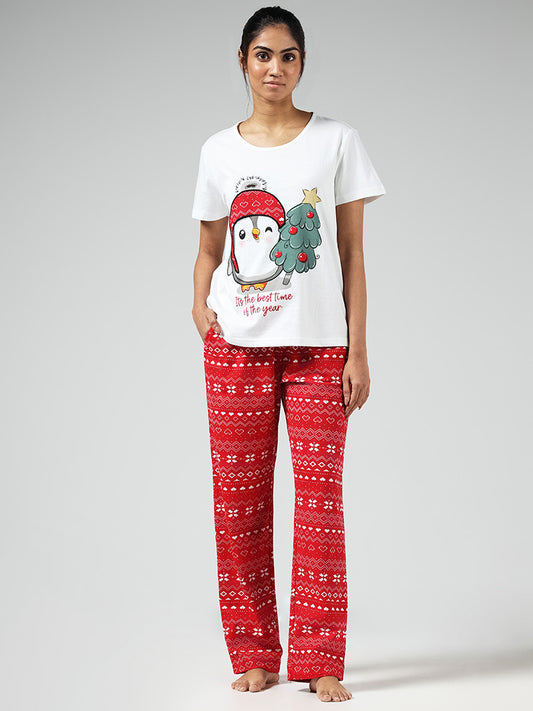Wunderlove White Christmas Printed T-Shirt and Pyjamas Set