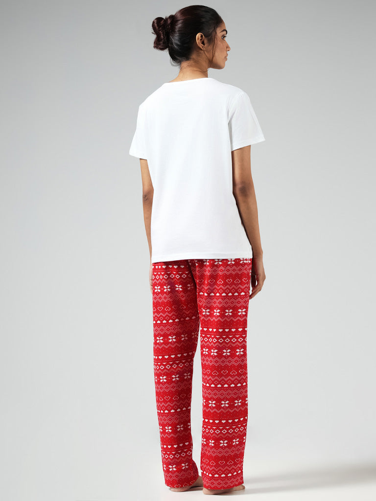 Wunderlove White Christmas Printed Cotton T-Shirt and Pyjamas Set