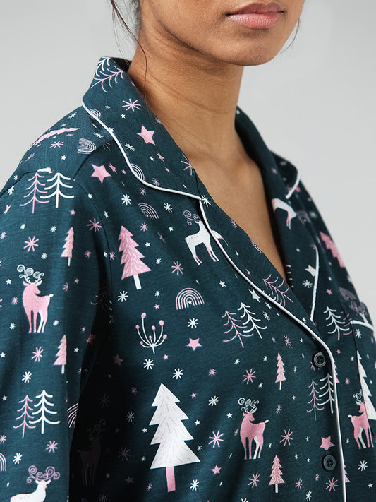 Wunderlove Green Reindeer Printed Cotton Shirt and Pyjama Set