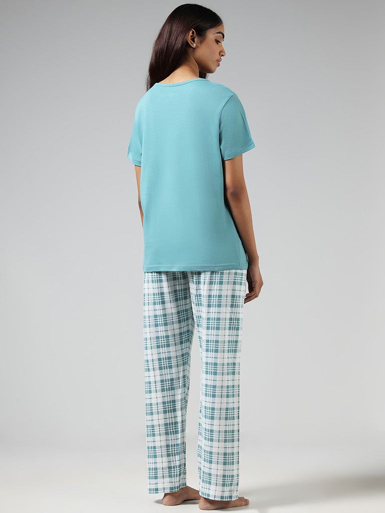Wunderlove Teal Typographic Printed T-Shirt and Checked Pyjamas Set