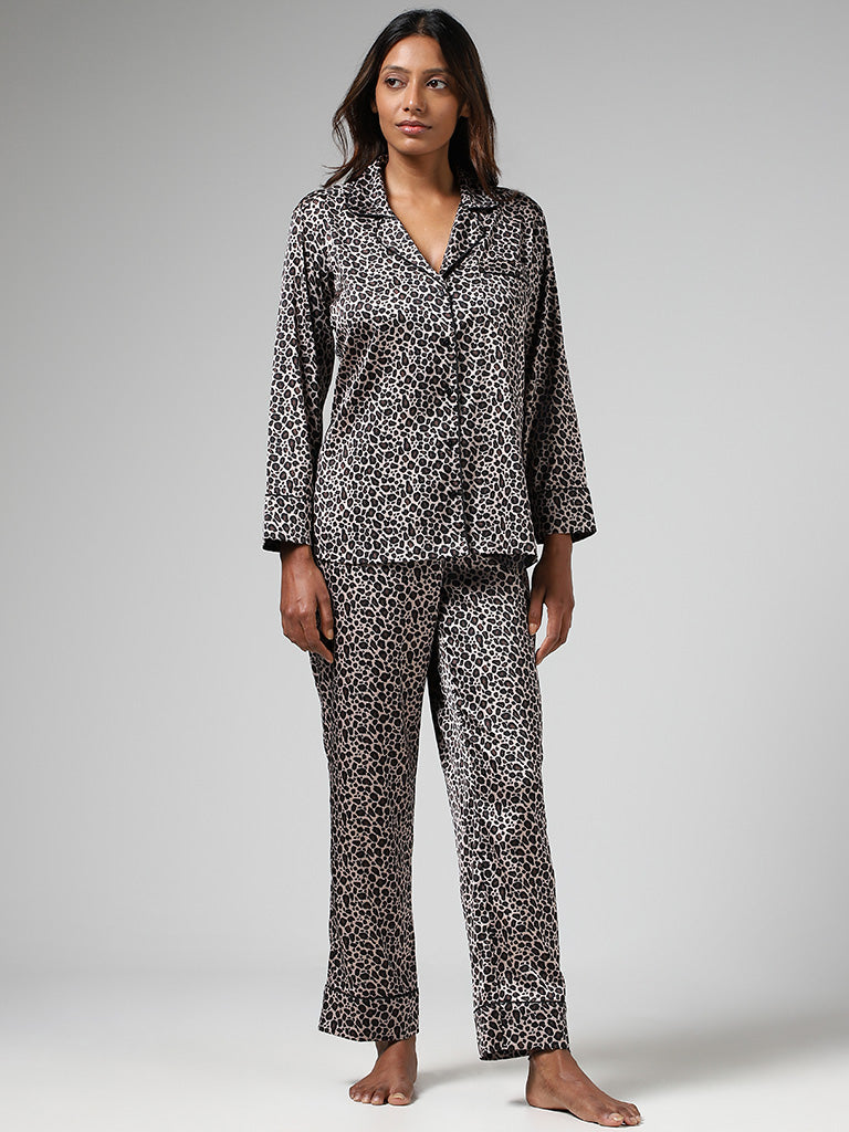 Wunderlove Dark Brown Animal Printed Satin Shirt & Pyjamas Set