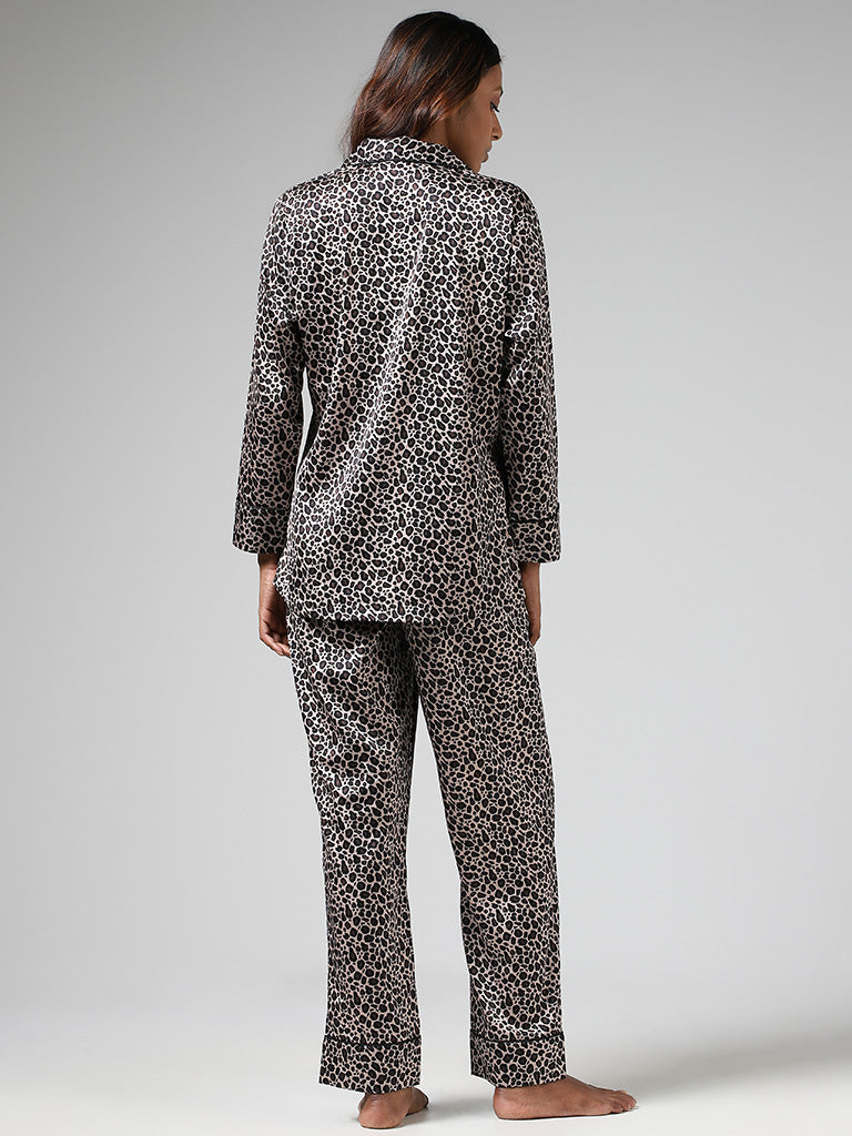 Wunderlove Dark Brown Animal Printed Satin Shirt & Pyjamas Set
