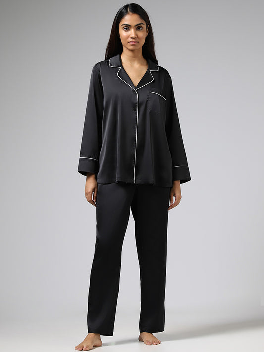 Wunderlove Solid Black Satin Shirt & Pyjamas Set
