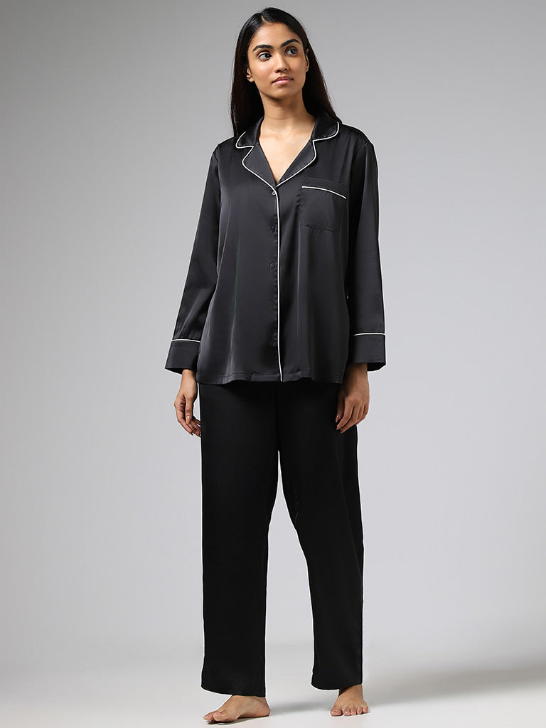 Buy Wunderlove Solid Black Satin Shirt & Pyjamas Set from Westside