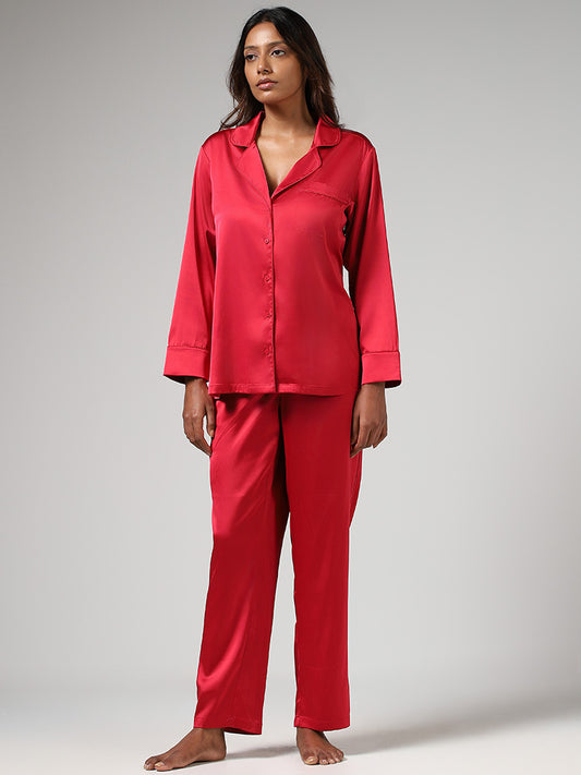 Wunderlove Solid Red Satin Shirt & Pyjamas Set