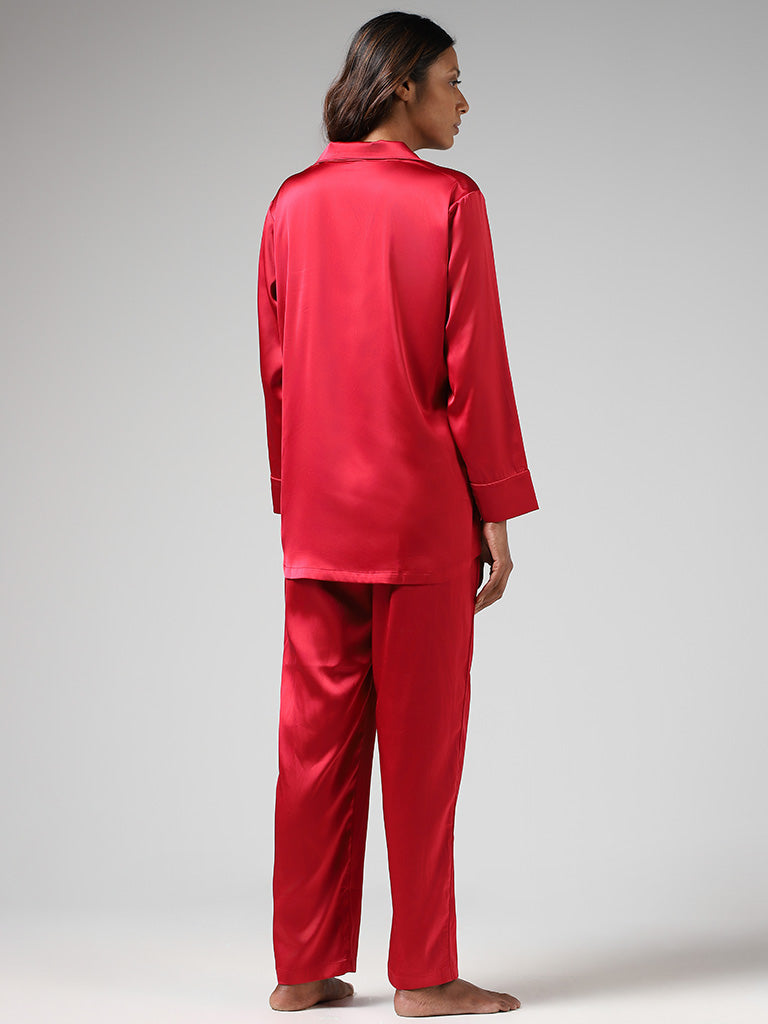 Wunderlove Solid Red Satin Shirt & Pyjamas Set