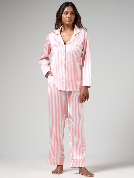 Wunderlove Light Pink Candy Striped Satin Shirt & Pyjamas Set