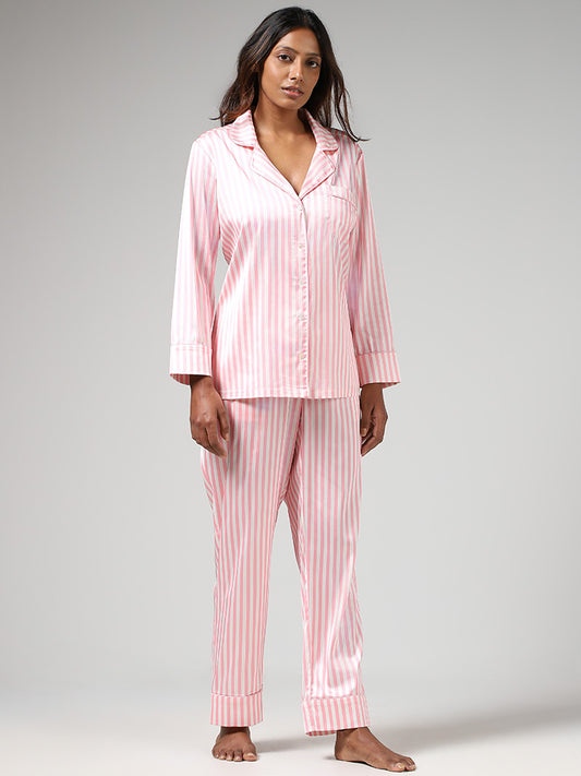 Wunderlove Light Pink Candy Striped Satin Shirt & Pyjamas Set