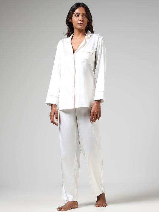 Wunderlove Solid White Satin Shirt & Pyjamas Set