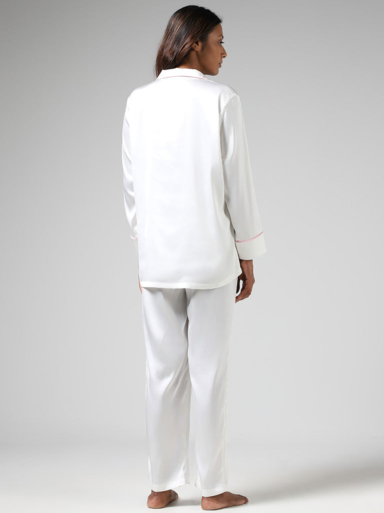 Wunderlove Solid White Satin Shirt & Pyjamas Set