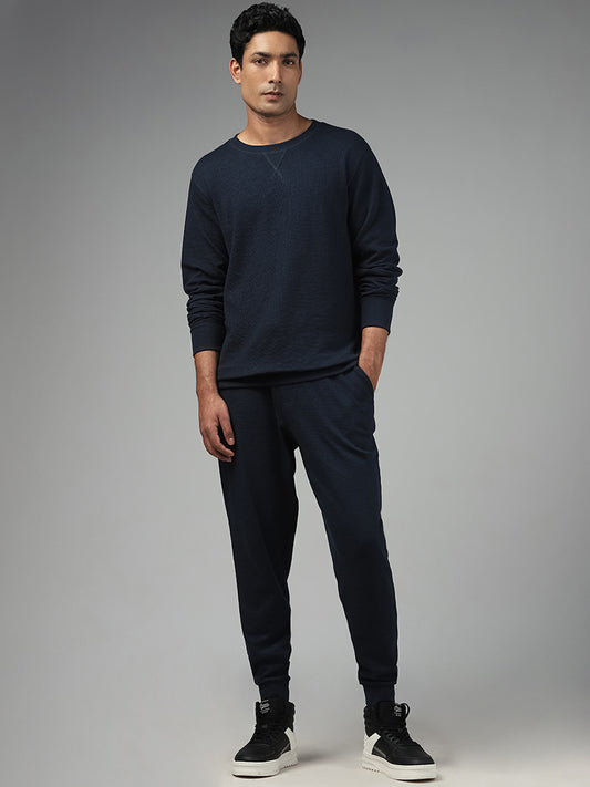 WES Lounge Solid Dark Blue Ribbed Relaxed Fit Sweatshirt