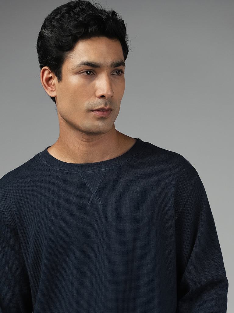 WES Lounge Solid Dark Blue Ribbed Relaxed Fit Sweatshirt