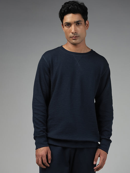 WES Lounge Solid Dark Blue Ribbed Relaxed Fit Sweatshirt