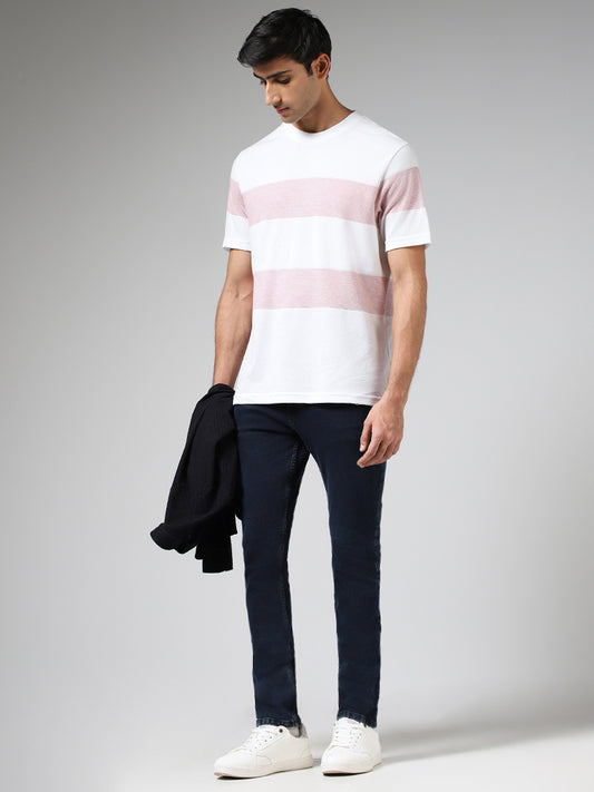 WES Lounge White & Pink Striped Cotton Blend Relaxed Fit T-Shirt