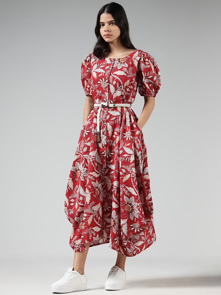 Bombay Paisley Red Floral Printed Dress with Braided Belt