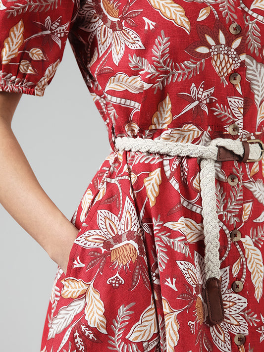 Bombay Paisley Red Floral Printed Dress with Braided Belt