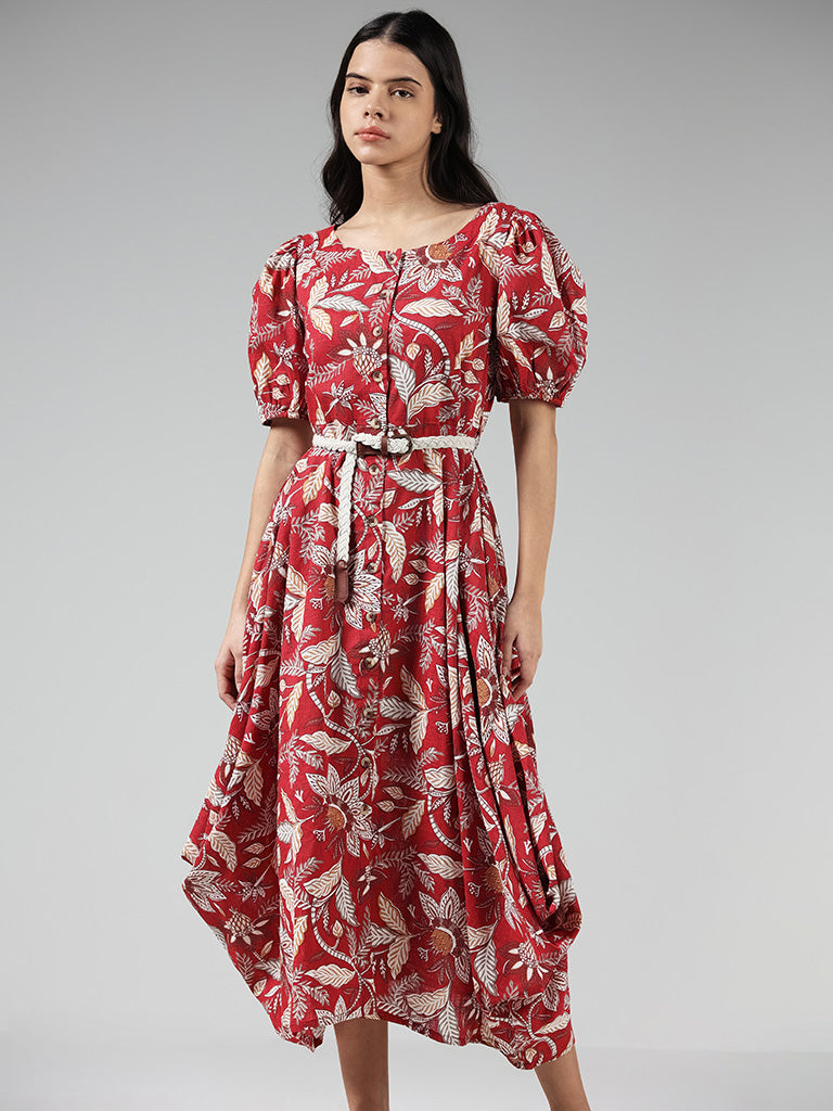 Bombay Paisley Red Floral Printed Cotton Dress with Braided Belt